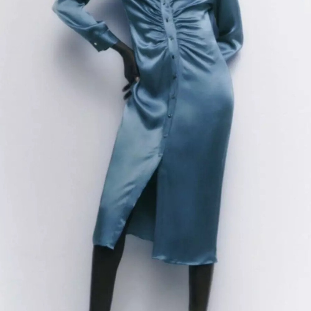 Zara light teal blue Midi shirt Dress
